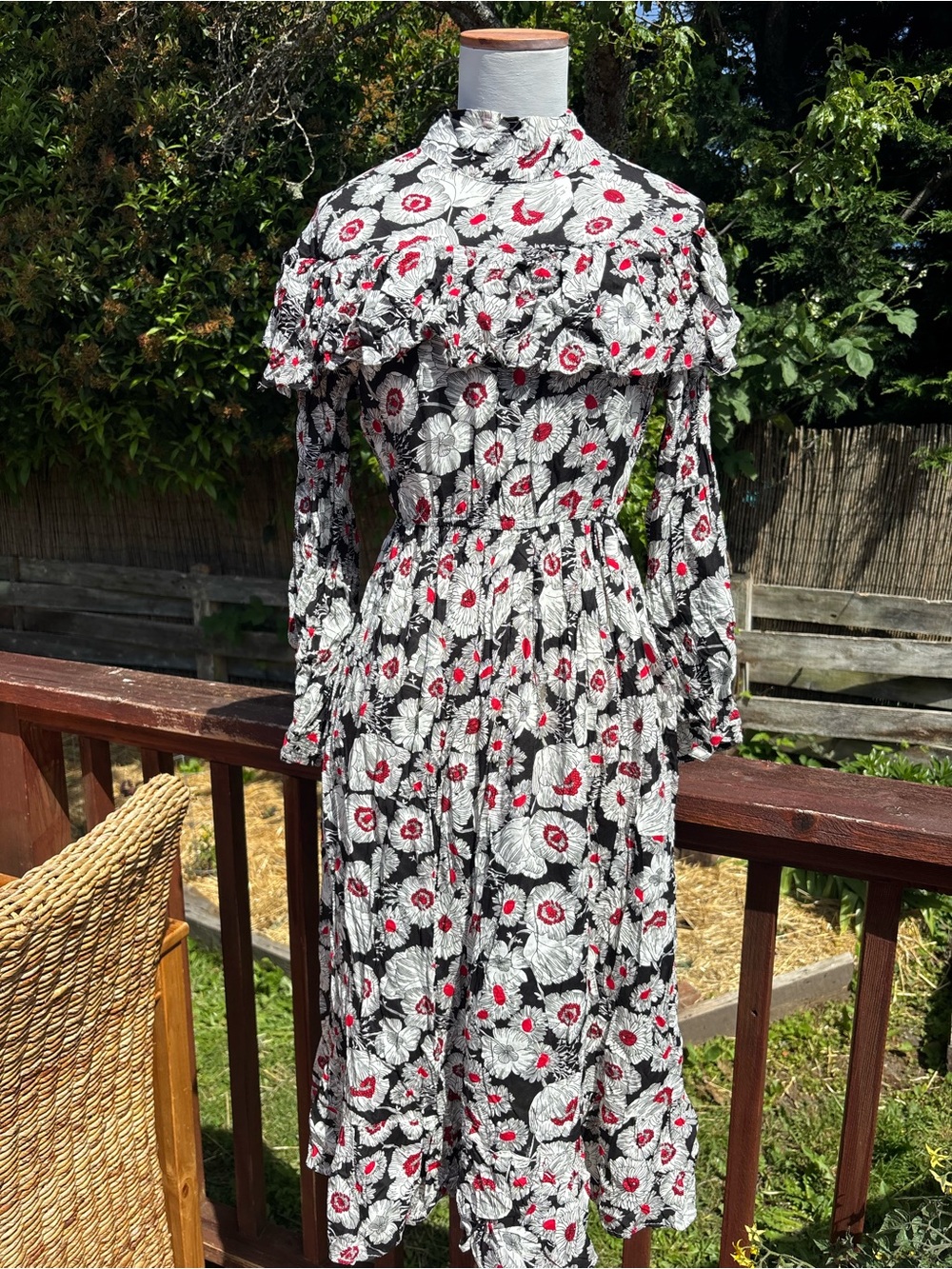 Romantic Floral Ruffle Prairie Midi Cottagecore Long Sleeve Dress
